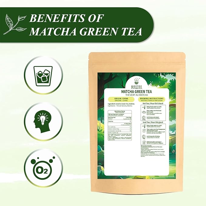 WT WEETEE Matcha Green Tea Bags, 100 Count Corn-fiber Pyramid, Antioxidant-Rich | Natural Energy, Easy & Quick to Brew for Cold or Hot, Matcha + Sencha Green Tea