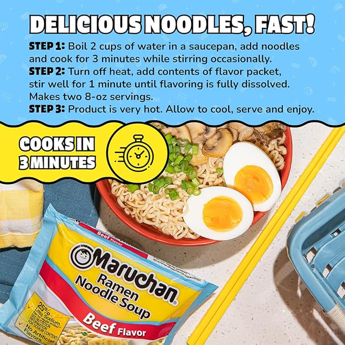 Maruchan Ramen Noodle Soup, Less Sodium Beef Flavor – Japanese-Style Instant Noodles, Quick & Easy Meal for Students & Busy Families – 3 Oz. (24 Pack)
