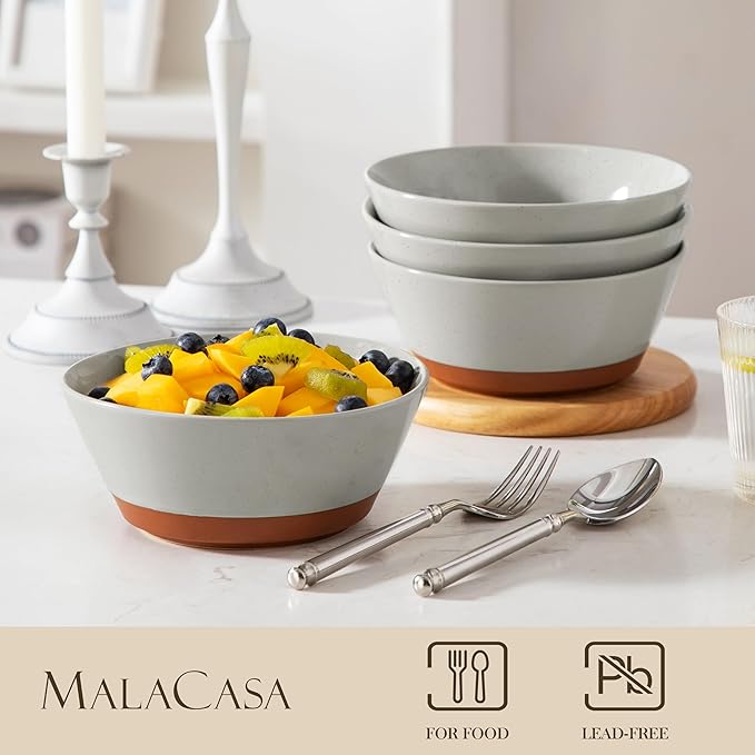 MALACASA Soup Bowls, Ceramic Salad Bowls Set of 4, 36oz Ceramic Bowls for Ramen, Cereal, Fruit and Pho, Microwave & Dishwasher Safe, Speckled Deep Bowls, Grey & Brown