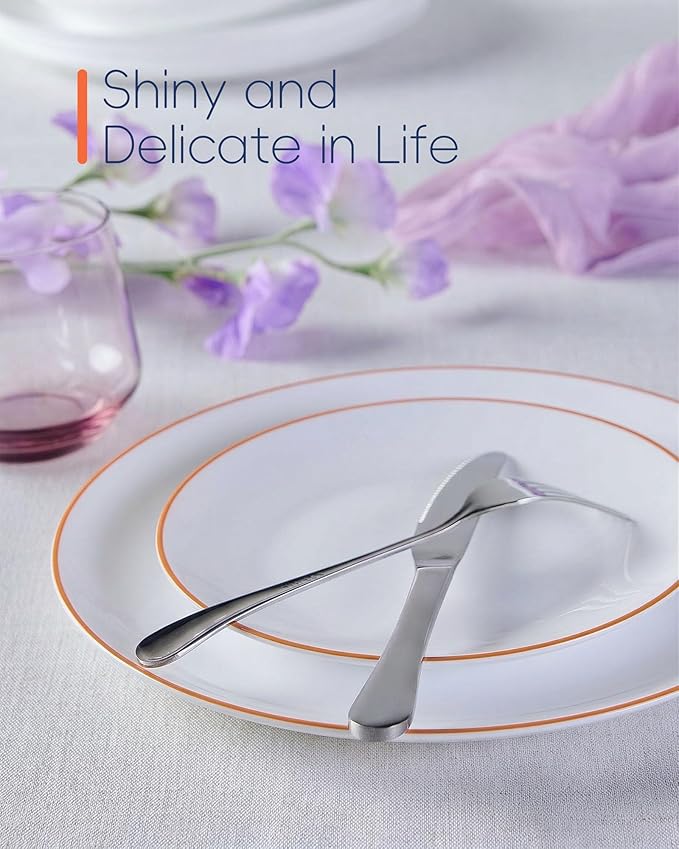 LaGlint 10.5 inch Dinner Plate Set of 6, Lightweight Round Opal Glass Dinnerware Plates, Dishwasher and Microwave Safe, Hand Painted Orange Rim