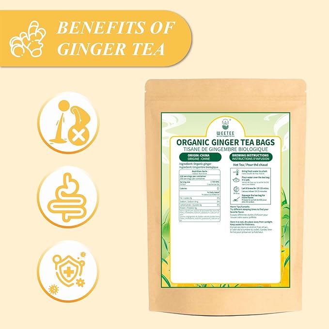 WT WEETEE Organic Ginger Tea Bags, 100% Pure Ginger Root Tea 100 Count, Caffeine Free, No Spices, No Flavors