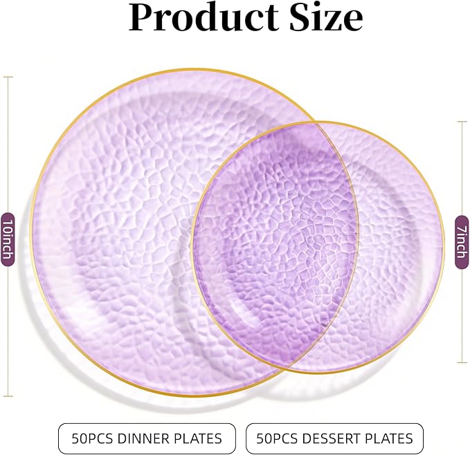 Lullaby 100pcs Purple Plastic Plates with Gold Rim, Include 50pcs Dinner Plate 10'' and 50pcs Heavy Duty Dessert Plate 7'', Plastic Disposable Plates for Parties, Birthdays and Wedding