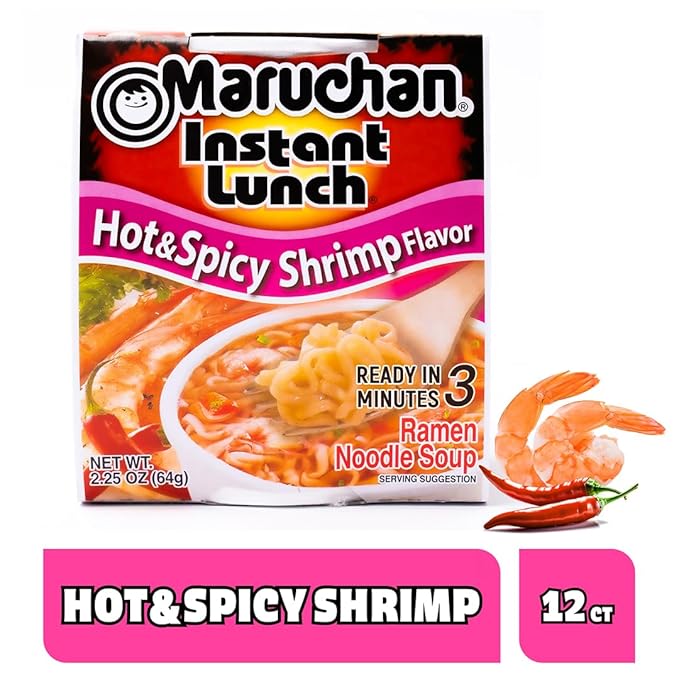 Maruchan Instant Lunch Ramen Noodles, Hot & Spicy Shrimp Flavor – Japanese-Style Instant Noodle Soup, Easy Meal Ready in 3 Minutes – 2.25 Oz. (12 Pack)