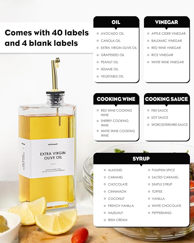 WISIMMALL Olive Oil Dispenser For Kitchen, Glass Oil Bottle 350ML Oil And Vinegar Dispenser Set Of 4 with 4 Stainless Steel Pourers & 44 Labels, Soy Sauce Dispenser, Coffee Syrup Bottles
