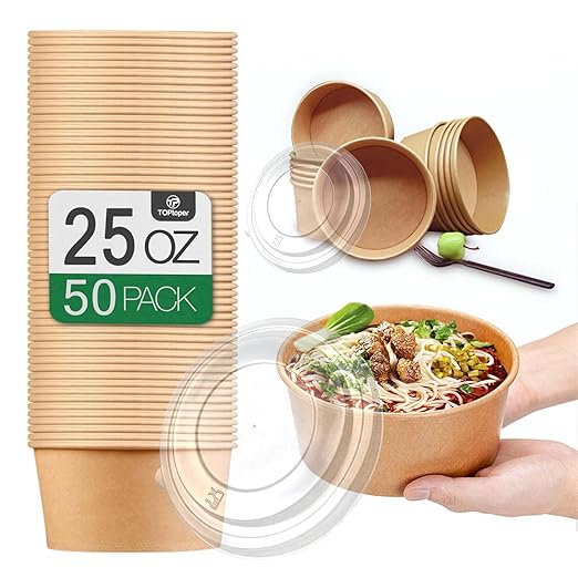 TOPtoper 50 Pack 25 Oz Large Paper Bowls with Lids, Disposable Soup Serving Bowls Bulk Party Supplies for Hot/Cold Food, Soup (25 OZ)