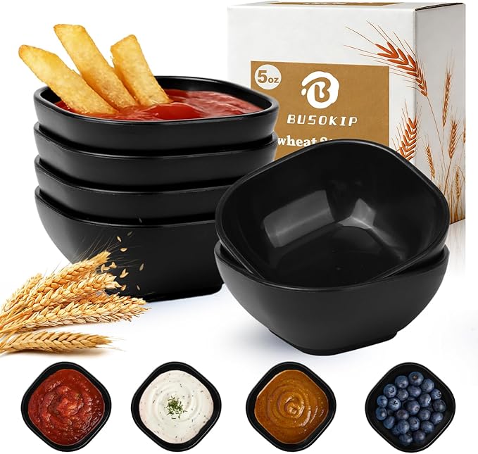 Wheat Straw Small Bowls 5 OZ, Unbreakable Soy Sauce Dish, Microwave Safe Dipping Bowls Set of 6, Small Ramekins, Dipping Sauce Cups, Small Dip Bowls for Party, Outdoor, Kitchen - Black