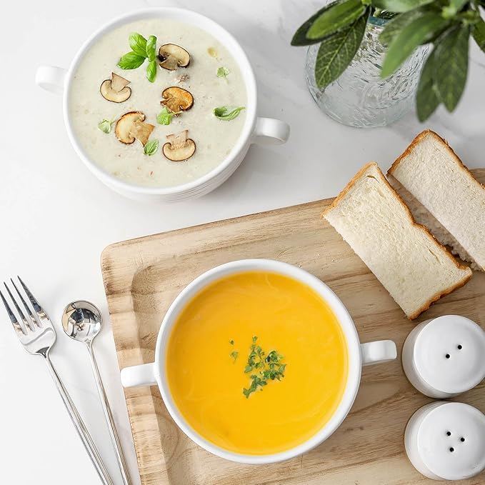 HASENSE Ceramic Soup Bowls with Handles, 24 Oz French Onion Soup Crocks Set of 4, Stackable White Serving Bowls for Stew, Chili & Cereal, Oven Microwave Dishwasher Safe, Christmas Kitchen Gift