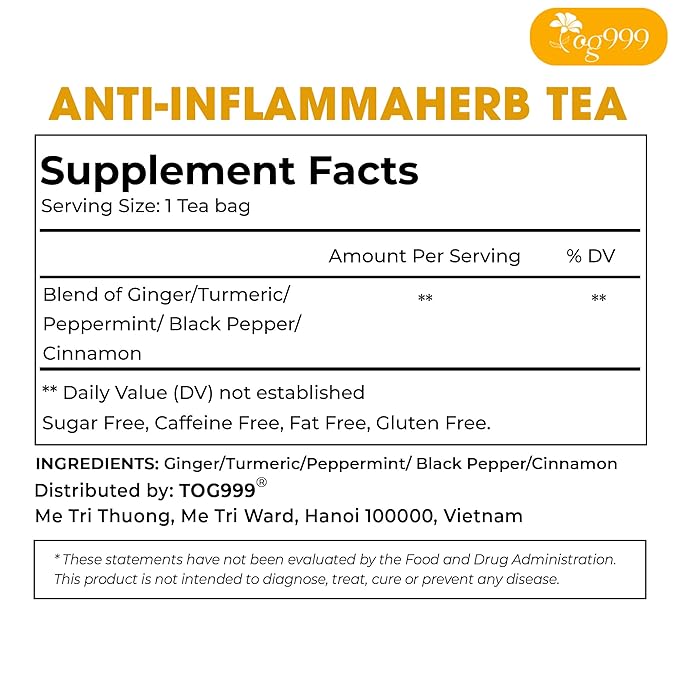 20 Tea Bags - Anti-Inflammaheb Loose Leaf Tea, 100% Natural from Ginger, Turmeric, Peppermint, Black Pepper, Cinnamon. No Sugar, No Caffeine, No Gluten, Vegan.