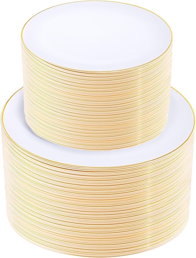 KIRE 200PCS Gold Plastic Plates - Disposable Plates for Party - White Plastic Plates with Gold Rim Include 100 for Dinner and 100 for Dessert/Salad in Wedding/Party/Spring/Graduation