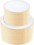 KIRE 200PCS Gold Plastic Plates - Disposable Plates for Party - White Plastic Plates with Gold Rim Include 100 for Dinner and 100 for Dessert/Salad in Wedding/Party/Spring/Graduation