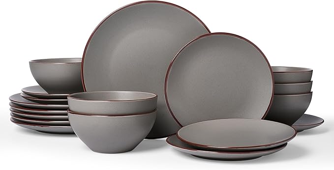 Famiware Venus Plates and Bowls Sets with Trim, 18 Pieces Speckled Stoneware Dinnerware Set for 6, Matte Dark Gray - Modern Minimalist, Microwave & Dishwasher Safe Dishes for Everyday & Formal Dining