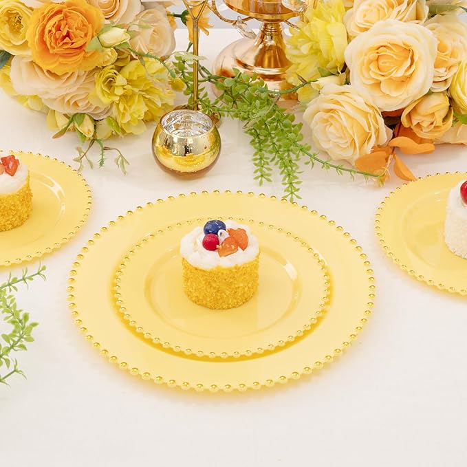 Supernal 100pcs Yellow Plastic Plates,Heavy Duty Plastic Plates,Yellow Party Decorations with Gold Beaded Including 50 Dinner Plate and 50 Disposable Dessert Plate,Pretty Disposable Platos for Wedding