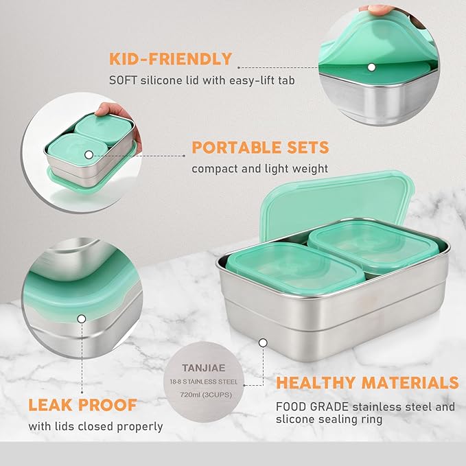 Tanjiae 3 CUP+1 CUP Stainless Steel Lunch Snack Containers Set | Leak Proof 304 Stainless Steel Food Containers with Silicone Lids - Perfect Metal Lunch Box for Home and Travel (25oz+8oz*2)
