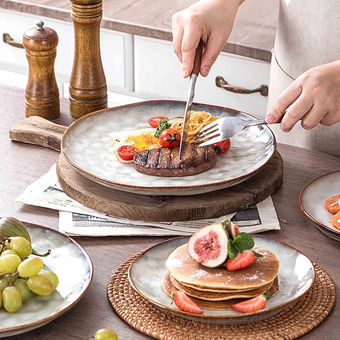 Henten Home Ceramic Dinner Plate Set, 11 Inch Porcelain Pizza, Pasta, Salad Plates, Irregular Shape Steak Plates Set of 4, Stoneware Serving Dishes for Kitchen (White)
