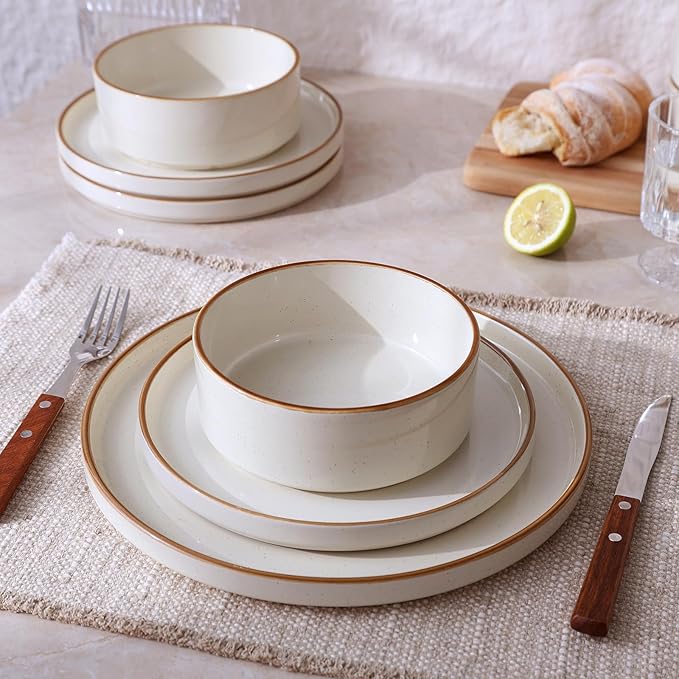 Famiware Nebula Plates and Bowls Sets, 18 Pieces Stoneware Dinnerware Sets, Microwave and Dishwasher Safe Dish Set, Dishware Sets for 6, Vanilla White with Brown Rim