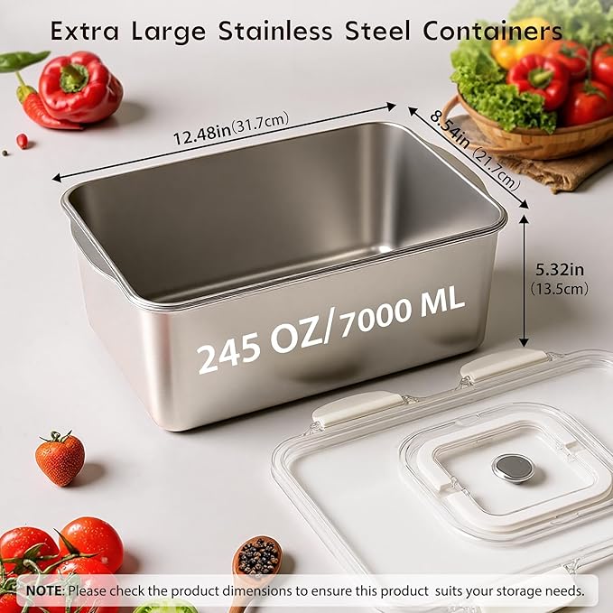 Freshmage 7000 ML / 245 oz /30 Cup Extra Large 304 Stainless Steel Food Storage Container with Lid & Handle – Oven Safe, BPA-Free Meal Prep for Roasting Chicken, Large Cuts of Meat, Bread & Fruits