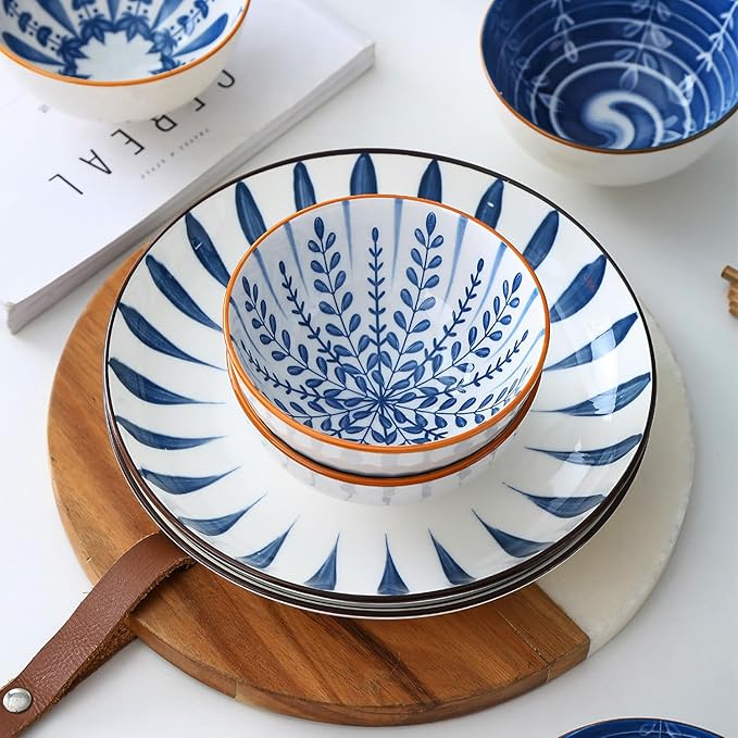 Ceramic Plates and Bowls Set, Japanese Style Dinnerware Set with Gift Box - Blue and White - 4 Rice Bowls and 2 Pasta Bowls - Kitchen Gifts for Women