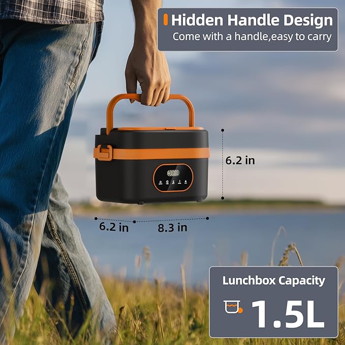 Heated Lunch Box, 16000mAh Cordless Electric, 1.5L Portable Self Heating Lunch Box for Adults, Rechargeable Food Warmer for Office, Picnic,Car Travel,Outdoor Use-Orange