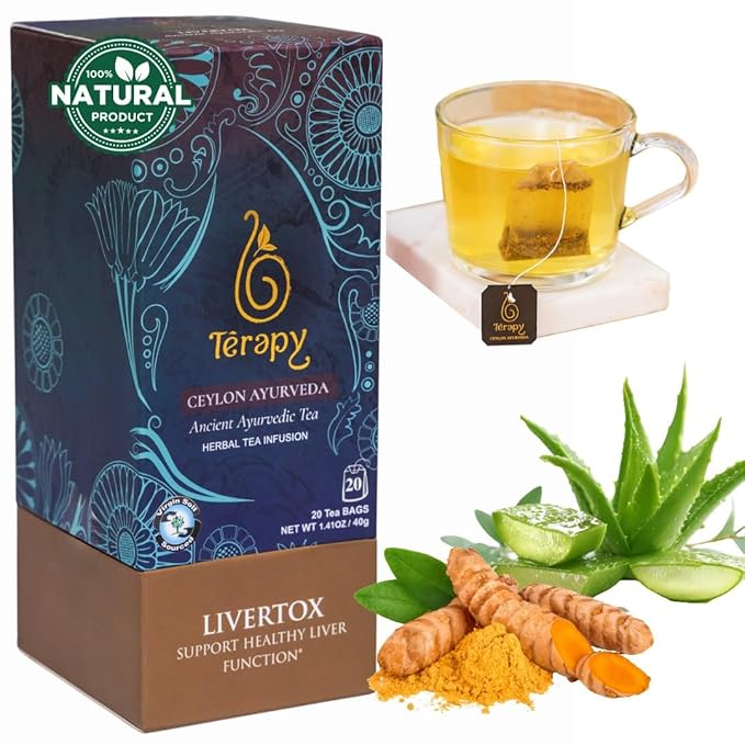 TERAPY Ceylon LIVERTOX Herbal Tea Bags – Fatty Liver Detox & Kidney Cleanse with Turmeric, Aloe Vera, Lemongrass – Ayurvedic Detox Green Tea – 20 Individually Wrapped, All-Natural Tea Bags (1 Pack)