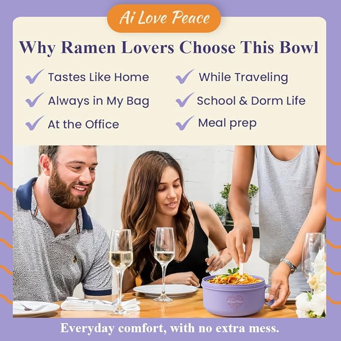 Microwaveable Ramen Noodle Bowl Cooker 40oz for Ramen, Pho, Soup, and Pasta, Dishwasher Safe and Portable, Ideal for Home, Office, Dorm, or Gift.Ai Love Peace (Purple)