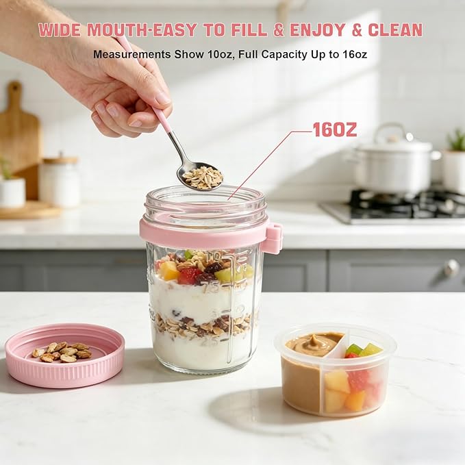 4 Pack Overnight Oats Containers with Lids and Spoons - 16 oz Glass Mason Jars with Dressing Cup, Over night Oat Jars for Meal Prep, Yogurt Parfait Cup for Chia Seed Salad (Pink)