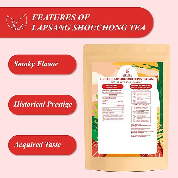 WT WEETEE Organic Lapsang Souchong Tea Bags, Organic Smoky Black Tea 100 Count, Natural Caffeine & Antioxidant, Classic Chinese Tea