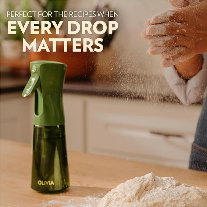 OLIVIA SIGNATURE Advanced Kitchen Oil Sprayer with Flairosol Technology, Fine Mist & Portion Control, Refillable Glass Olive Oil Cooking Spray Bottle for Air Fryer, Salad, BBQ, 200ml (Green, Gold)