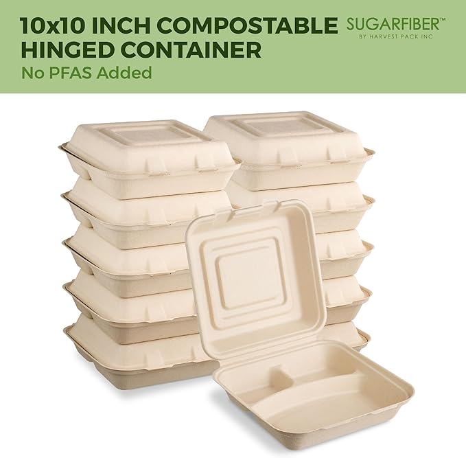 [200 COUNT]Harvest Pack PFAS FREE 10 X 10" 3 Compartment Compostable Clamshell Food Containers, Heavy-Duty Hinged Container, Disposable Bagasse Eco-Friendly Sugarcane togo Box for dinner