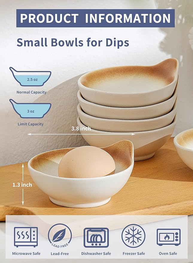 YJR Ceramic Side Dishes, Seasoning Dishes, Dipping Bowls - 4 Inch, for Ketchup Soy Sauce BBQ Party, Set of 6, Mocca