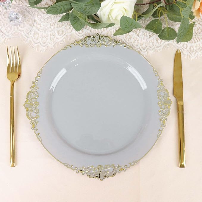 Efavormart 10 Pack | 10" Gray and Gold Baroque Dinner Plates, Leaf Embossed Metallic Rim Heavy Duty Serving Plates for Contemporary Industrial Banquets