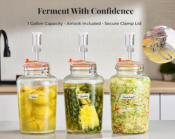 1 Gallon Fermentation Jar, Large Wide Mouth Glass Fermenting Jar with Airlocks for Making Sauerkraut, Kimchi, Pickles, Mead, Cider & More, Pack of 2