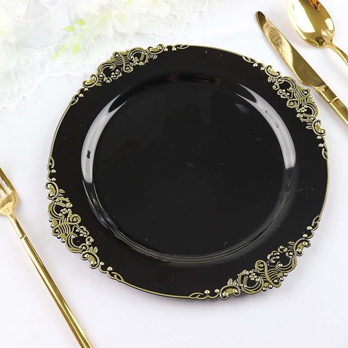 Efavormart 10 Pack | 10" Black and Gold Baroque Dinner Plates, Leaf Embossed Metallic Rim Heavy Duty Serving Plates for Evening Galas and Formal Hosting