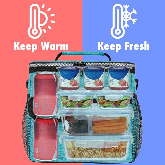 opux Insulated Lunch Box for Men Women Kids, Leakproof Reusable Lunch Bag Cooler for Work School Office, Soft Thermal Lunchbox Tote Shoulder Strap for Boys Girls Adults, Heather Sea Blue, 18 Can/10L