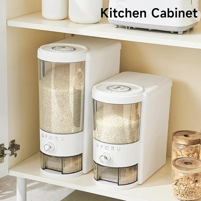 UFORU Rice Dispenser 20 lbs | Large Rice Storage Container for Kitchen&Pantry - Space-saving, Moisture & Pest-proof, BPA-Free - Dry Food Dispenser with One-Touch Dispenser & Measuring Cup for Families