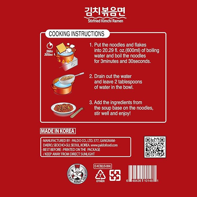 Paldo Fun & Yum Mr. Kimchi Ramen Stir Fried Instant Noodles, Stir-fried Kimchi Flavored, Soupless Original Korean Ramyun, Spicy Ramen Challenge, 미스터 김치 김치볶음면 134g (4.72 oz) x 8 Pack