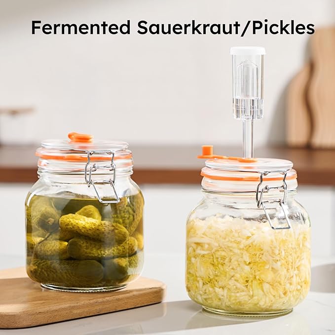 JILLMO 1 Liter Fermentation Jar, Square Glass Fermenting Kit for Making Sauerkraut, Hot Sauce, Mead, Cider and More, Pack of 2