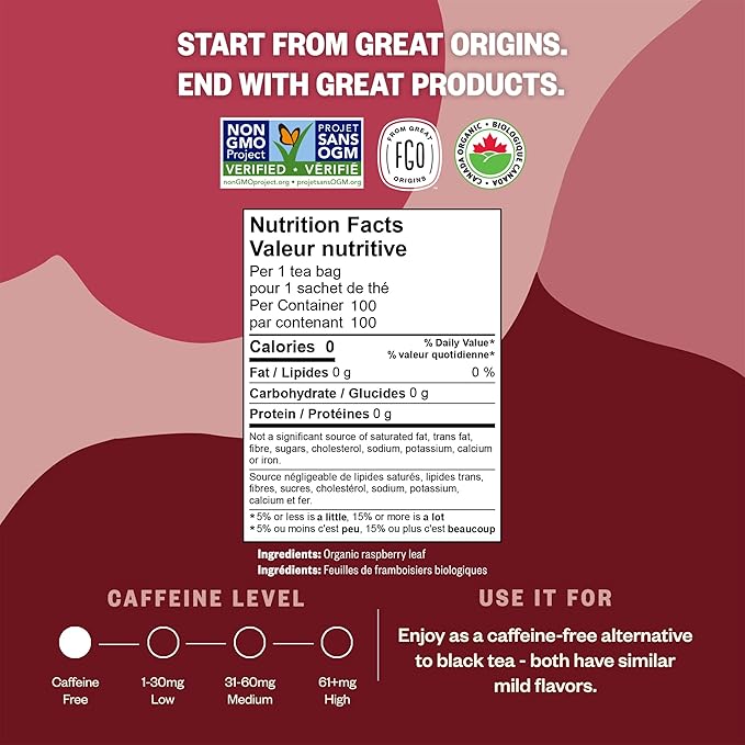 FGO Organic Red Raspberry Leaf Tea Bags, 100 Eco-Conscious Tea Bags, Caffeine Free, Imported from Germany, Reseable Bag, Packaging May Vary (Pack of 1)