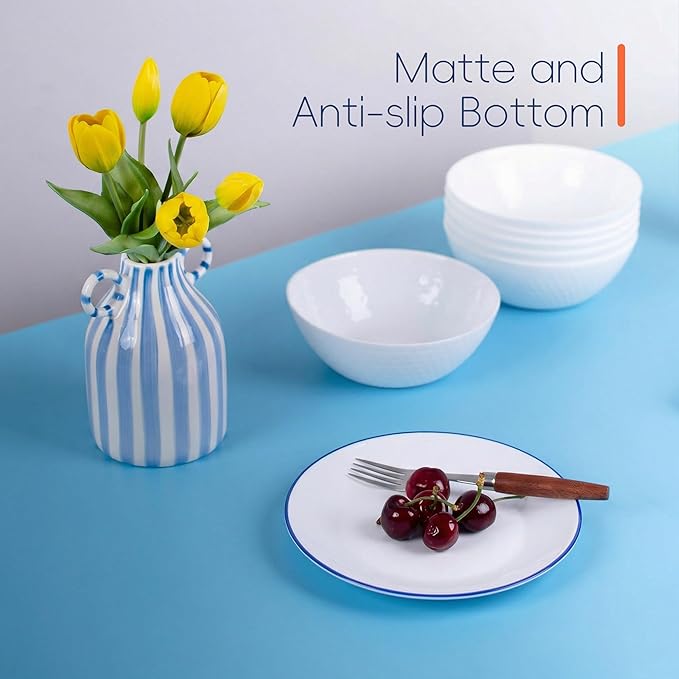 LaGlint 8.5 inch Salad Plate Set of 6, Lightweight Opal Glass Round White Plates for Appetizer Dessert Kitchen, Dishwasher and Microwave Safe, Hand Painted Navy Blue Rim