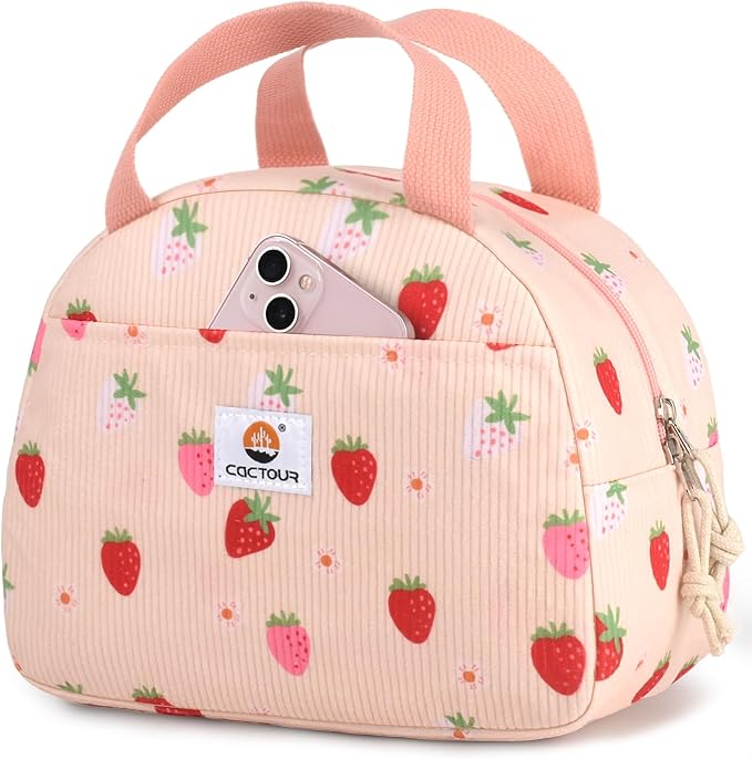 CaCTOUR Lunch Box for Women,Cute Lunch Box Cooler Bag, Portable Insulated Small Lunch Bag Women Reusable Corduroy Lunch Tote for Work/Travel/Picnic (Strawberry)