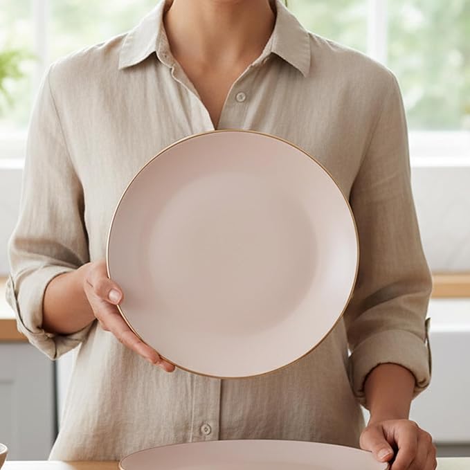 Rose Whisper Dinner Plates Set for 6 – 10.5-Inch Blush Bone China Dinnerware Set with Gold Rim – Perfect Serving Plate for Dessert, Appetizer, Salads
