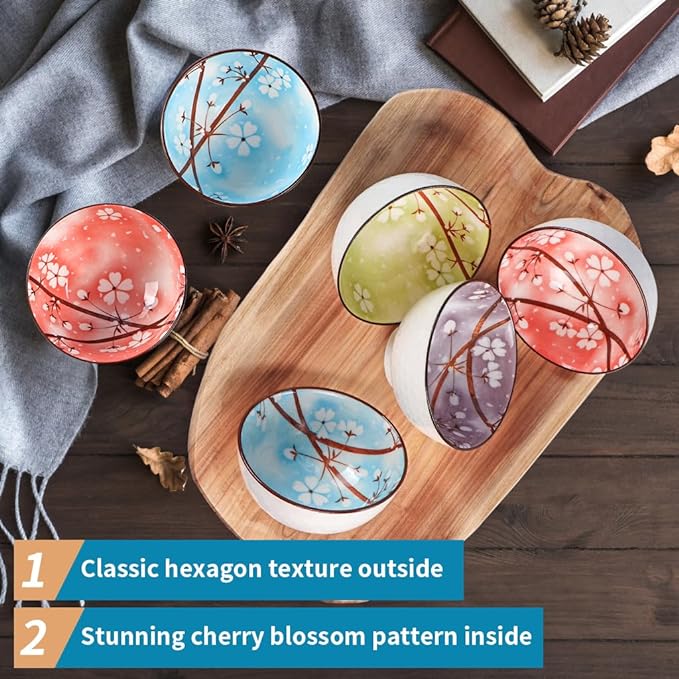 Ceramic Rice Bowls 10 oz, Sakura Bowl Gift Set, Assorted Color Dinnerware Serving Bowls for Rice, Cereal, Noodle, Soup, Desserts, Pack of 6 (Cherry Blossom)