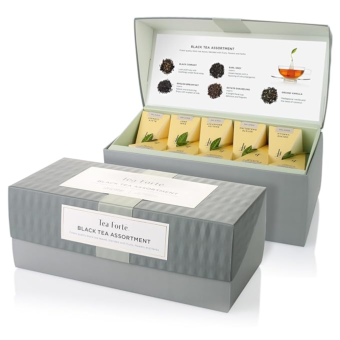 Tea Forte Premium Presentation Box Gift Set Sampler, 20 Count, Assorted Blends Individually Wrapped Handcrafted Pyramid Infuser Bags, Gifts for Mom, Black Tea