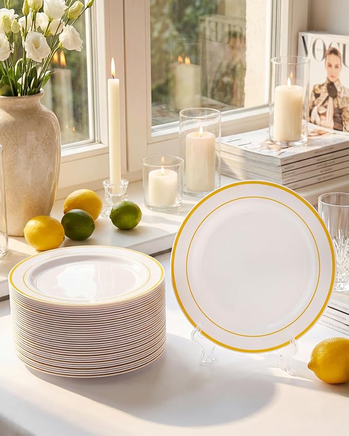bUCLA 100Pieces Gold Plastic Dinner Plates - 10.25inch White and Gold Plates Disposable for Party - Ideal for Wedding, Party & Daily Use