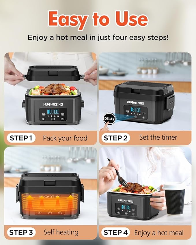 Hugmazing Cordless Electric Lunch Box for Adults, Men & Women – Rechargeable Self-Heating Food Warmer with 1.2L SS Container, Battery-Powered Heated Lunch Box, Perfect for Work and Travel Use (Grey)