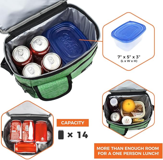opux Insulated Lunch Box for Men Women Kids, Leakproof Reusable Lunch Bag Cooler for Work School Office, Soft Thermal Lunchbox Tote Shoulder Strap for Boys Girls Adults, Heather Green, 14 Can/8L