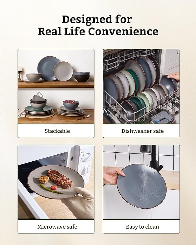 Famiware Venus 16-Piece Stoneware Dinnerware Sets with Mugs, Plates, Bowls, Service for 4, Matte Multicolor - Chip‑Resistant Dish Set for Everyday & Formal & Party Use, Microwave & Dishwasher Safe