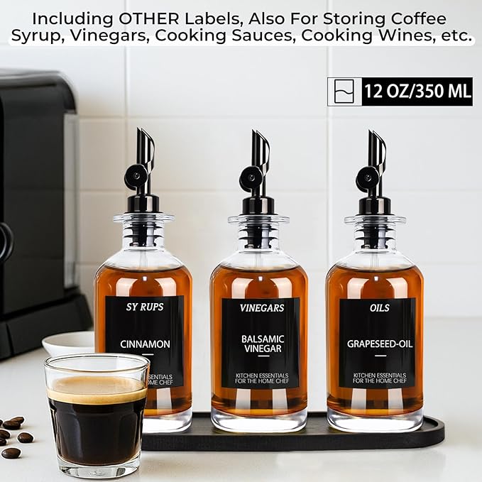3PCS Olive Oil Dispenser Bottle For Kitchen, Soy Sauce Dispenser, Glass Oil and Vinegar Dispenser Set W. Wooden Tray & Labels & 3 Replacement Spouts, Coffee Syrup Dispenser(Clear)