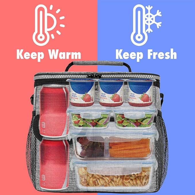 opux Insulated Lunch Box for Men Women Kids, Leakproof Reusable Lunch Bag Cooler for Work School Office, Soft Thermal Lunchbox Tote Shoulder Strap for Boys Girls Adults, Heather Gray, 18 Can/10L