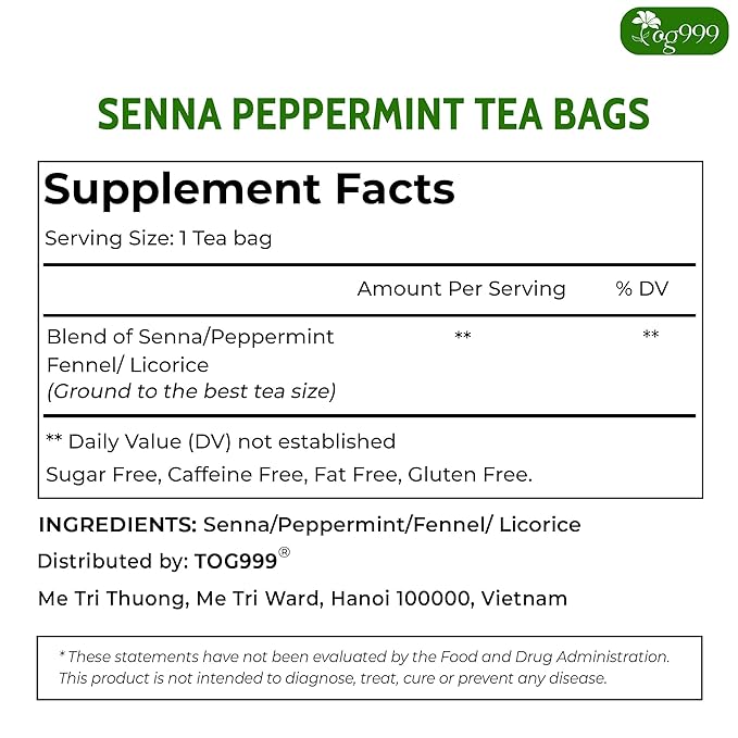 TOG999, 60 Tea Bags, Blend of Senna Leaves - Peppermint - Licorice - Fennel, 100% Natural Ingrendients, Hand-made Herbal Tea, Relieves Constipation Naturally Tea, No Sugar, No Caffeine, No Gluten, Vegan.
