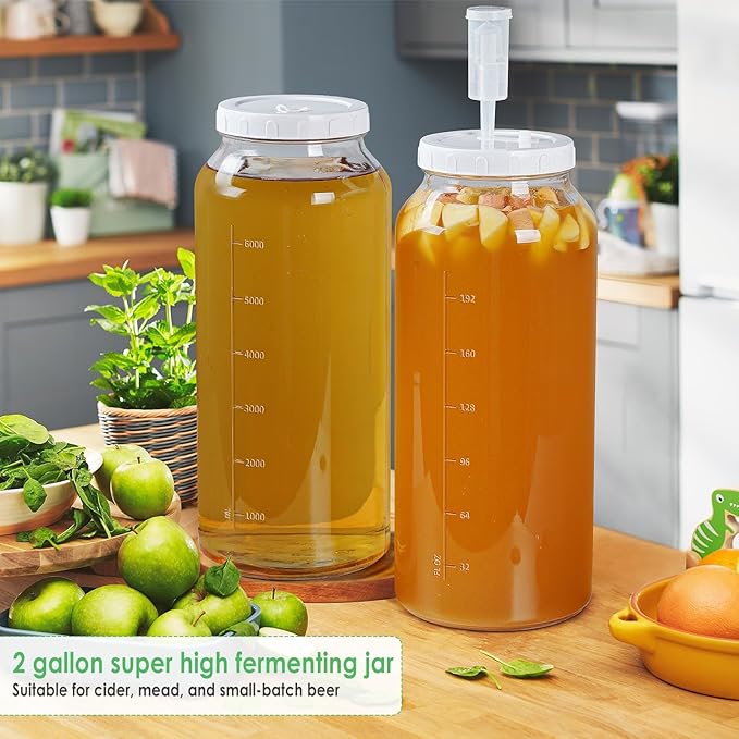 2 Gallon Glass Jar with Airtight Lid, Wide Mouth Wine Making Supplies with 2 Airlocks(7600ML), Pickle Jar, Gallon Fermentation Jar with Clear Scale Marks for Home Brew, Kombucha, Cider, Beer